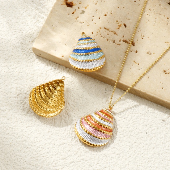 Picture of Eco-friendly PVD Vacuum Plating Waterproof Anti-Tarnish Hypoallergenic 304 Stainless Steel Pendants 18K Real Gold Plated Enamel Shell 3cm x 2.3cm