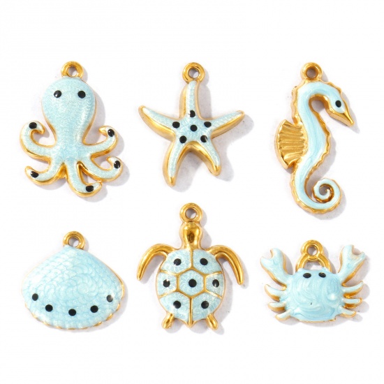 Picture of Eco-friendly PVD Vacuum Plating Waterproof Anti-Tarnish Hypoallergenic 304 Stainless Steel Charms 18K Real Gold Plated Light Blue Enamel Pearlized