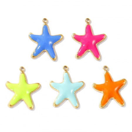 Immagine di 2 Pz Placcatura Sottovuoto PVD Ecologica Impermeabile Anti-Ossidante Ipoallergenico 304 Acciaio Inossidabile Gioielli Oceanici Ciondoli 18K Vero Oro Placcato Smalto Stella di Mare 20mm x 16mm