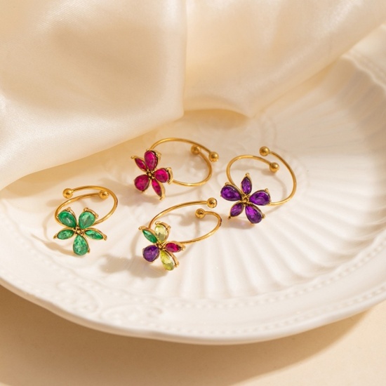 Bild von Großhandel Frauen Geschenk Blumen Bunt Kubisches Zirkonia Offen Ring, 18K Vergoldet 304 Edelstahl, Umweltfreundlich Exquisit Stilvoll Schmuckbedarf, 19.7mm(US Größe 10)