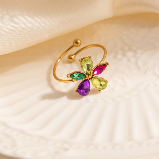 Bild von Großhandel Frauen Geschenk Blumen Bunt Kubisches Zirkonia Offen Ring, 18K Vergoldet 304 Edelstahl, Umweltfreundlich Exquisit Stilvoll Schmuckbedarf, 19.7mm(US Größe 10)