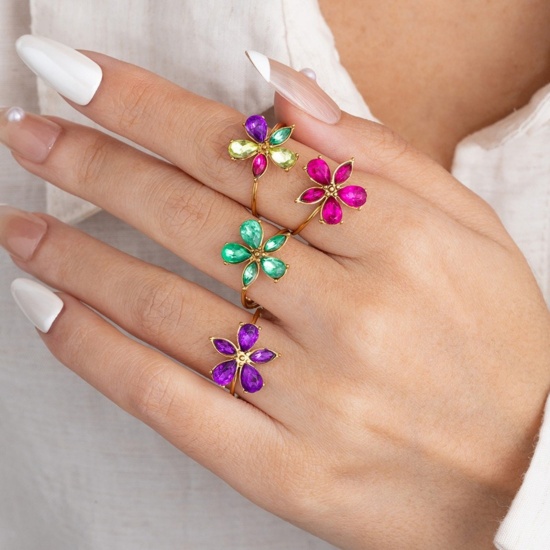 Bild von Großhandel Frauen Geschenk Blumen Bunt Kubisches Zirkonia Offen Ring, 18K Vergoldet 304 Edelstahl, Umweltfreundlich Exquisit Stilvoll Schmuckbedarf, 19.7mm(US Größe 10)