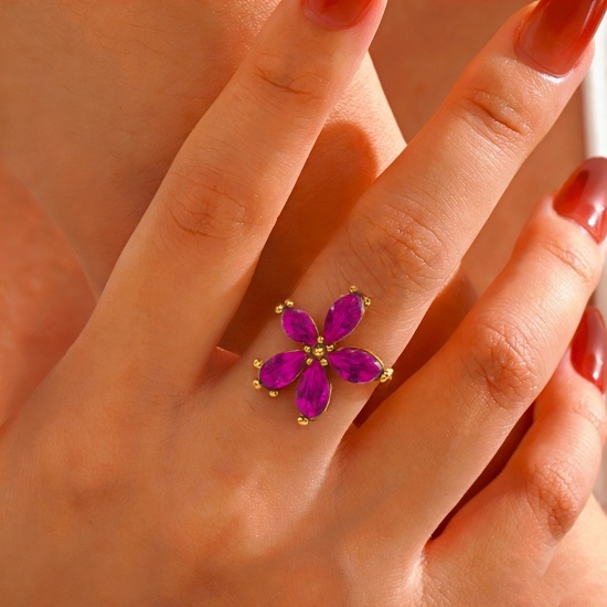 Bild von Großhandel Frauen Geschenk Blumen Bunt Kubisches Zirkonia Offen Ring, 18K Vergoldet 304 Edelstahl, Umweltfreundlich Exquisit Stilvoll Schmuckbedarf, 19.7mm(US Größe 10)