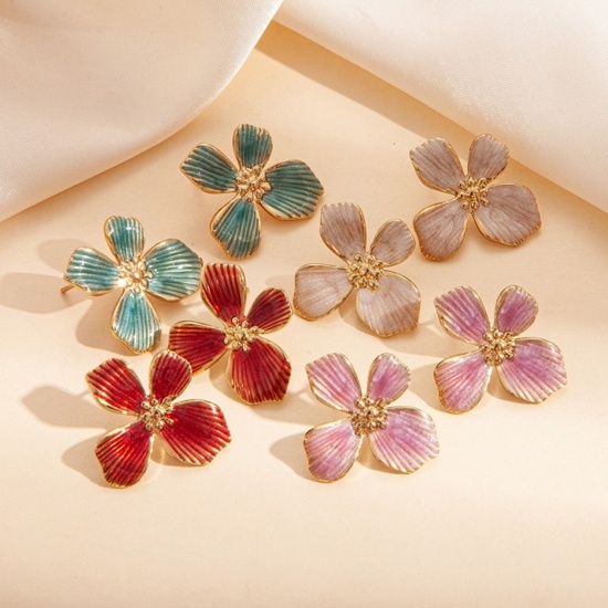 Picture of Wholesale Exquisite Stylish Ear Post Stud Earrings, Flower Multicolor Enamel 18K Gold Plated 201 Stainless Steel, Women's Eco-friendly Gift Jewelry Supply, 27mm x 25mm, 1 Pair