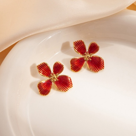 Picture of Wholesale Exquisite Stylish Ear Post Stud Earrings, Flower Multicolor Enamel 18K Gold Plated 201 Stainless Steel, Women's Eco-friendly Gift Jewelry Supply, 27mm x 25mm, 1 Pair