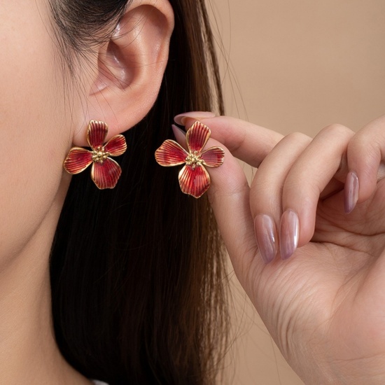 Picture of Wholesale Exquisite Stylish Ear Post Stud Earrings, Flower Multicolor Enamel 18K Gold Plated 201 Stainless Steel, Women's Eco-friendly Gift Jewelry Supply, 27mm x 25mm, 1 Pair