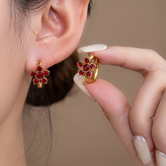 Immagine di Squisito Elegante Orecchini Circolari All'Ingrosso, Fiore Placcato Oro 18K Acciaio Inossidabile & Zircone Cubico, Donne Ecologico Regalo Fornitura di Gioielli, 16mm Dia., 1 Paio
