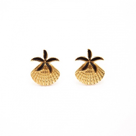Immagine di Gioielli Oceanici Elegante Orecchini a Perno All'Ingrosso, Conchiglia Stella Marina Multicolore Smalto Placcato Oro 18K 201 Acciaio Inossidabile, Donne Ecologico Regalo Fornitura di Gioielli, 24.5mm x 20mm, 1 Paio