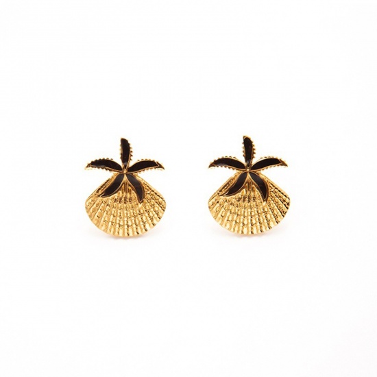 Picture of Wholesale Ocean Jewelry Stylish Ear Post Stud Earrings, Shell Star Fish Multicolor Enamel 18K Gold Plated 201 Stainless Steel, Women's Eco-friendly Gift Jewelry Supply, 24.5mm x 20mm, 1 Pair