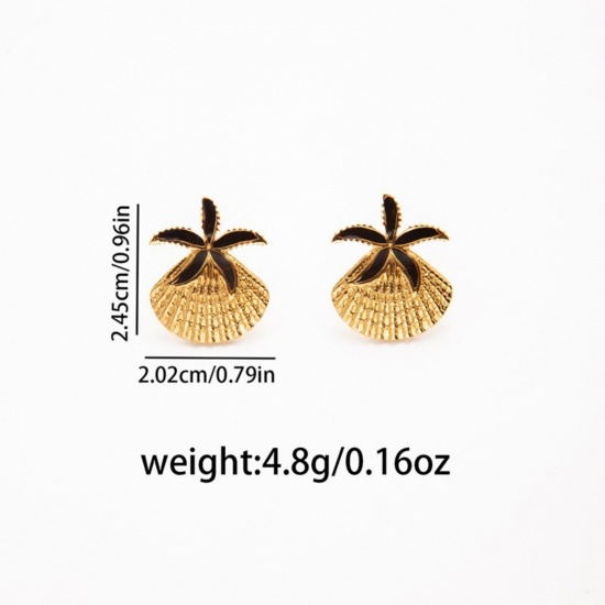 Picture of Wholesale Ocean Jewelry Stylish Ear Post Stud Earrings, Shell Star Fish Multicolor Enamel 18K Gold Plated 201 Stainless Steel, Women's Eco-friendly Gift Jewelry Supply, 24.5mm x 20mm, 1 Pair