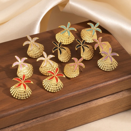 Picture of Wholesale Ocean Jewelry Stylish Ear Post Stud Earrings, Shell Star Fish Multicolor Enamel 18K Gold Plated 201 Stainless Steel, Women's Eco-friendly Gift Jewelry Supply, 24.5mm x 20mm, 1 Pair