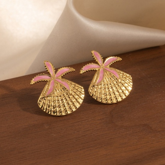 Picture of Wholesale Ocean Jewelry Stylish Ear Post Stud Earrings, Shell Star Fish Multicolor Enamel 18K Gold Plated 201 Stainless Steel, Women's Eco-friendly Gift Jewelry Supply, 24.5mm x 20mm, 1 Pair