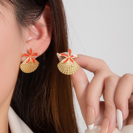 Picture of Wholesale Ocean Jewelry Stylish Ear Post Stud Earrings, Shell Star Fish Multicolor Enamel 18K Gold Plated 201 Stainless Steel, Women's Eco-friendly Gift Jewelry Supply, 24.5mm x 20mm, 1 Pair
