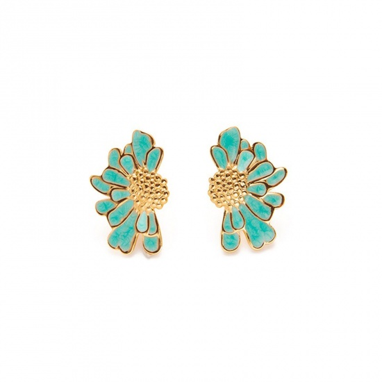 Picture of Wholesale Exquisite Stylish Ear Post Stud Earrings, Daisy Flower Multicolor Enamel 18K Gold Plated 201 Stainless Steel, Women's Eco-friendly Gift Jewelry Supply, 30mm x 19mm, 1 Pair