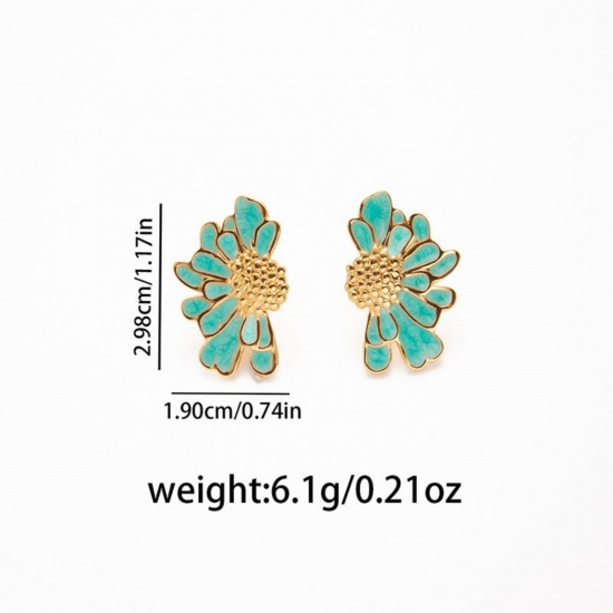 Picture of Wholesale Exquisite Stylish Ear Post Stud Earrings, Daisy Flower Multicolor Enamel 18K Gold Plated 201 Stainless Steel, Women's Eco-friendly Gift Jewelry Supply, 30mm x 19mm, 1 Pair
