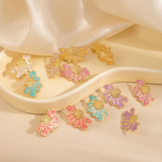 Picture of Wholesale Exquisite Stylish Ear Post Stud Earrings, Daisy Flower Multicolor Enamel 18K Gold Plated 201 Stainless Steel, Women's Eco-friendly Gift Jewelry Supply, 30mm x 19mm, 1 Pair