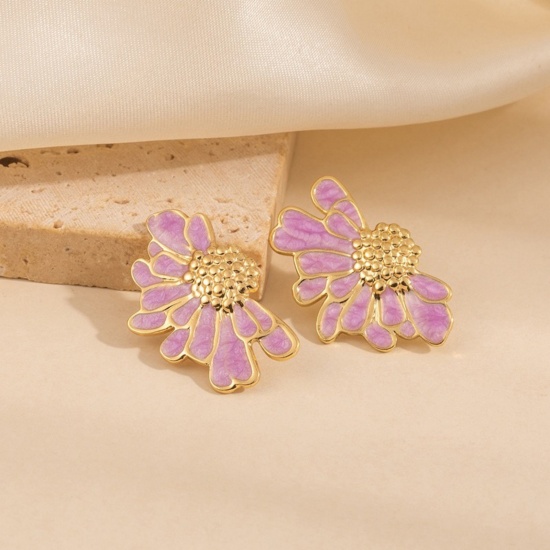 Picture of Wholesale Exquisite Stylish Ear Post Stud Earrings, Daisy Flower Multicolor Enamel 18K Gold Plated 201 Stainless Steel, Women's Eco-friendly Gift Jewelry Supply, 30mm x 19mm, 1 Pair