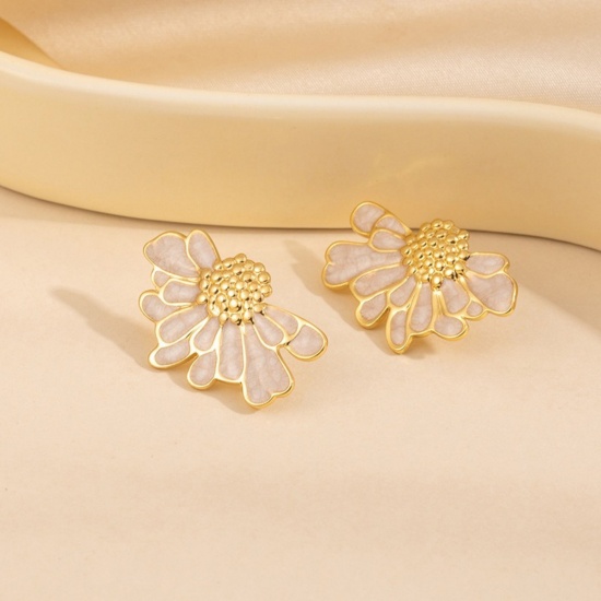 Picture of Wholesale Exquisite Stylish Ear Post Stud Earrings, Daisy Flower Multicolor Enamel 18K Gold Plated 201 Stainless Steel, Women's Eco-friendly Gift Jewelry Supply, 30mm x 19mm, 1 Pair