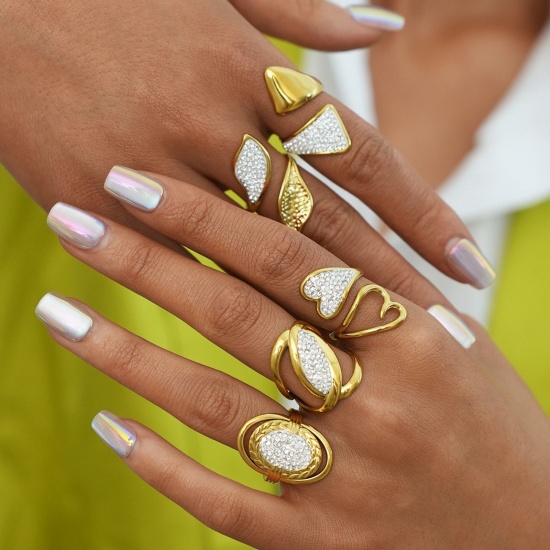 Imagen de Mujeres Regalo Abierto Anillos Al Por Mayor, Chapado en Oro de 18K 304 Acero Inoxidable & Circón Artificial, Recubrimiento al Vacío PVD Ecológico Exquisito Elegante Suministro de Joyería, 1 Unidad