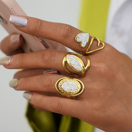 Imagen de Mujeres Regalo Abierto Anillos Al Por Mayor, Chapado en Oro de 18K 304 Acero Inoxidable & Circón Artificial, Recubrimiento al Vacío PVD Ecológico Exquisito Elegante Suministro de Joyería, 1 Unidad