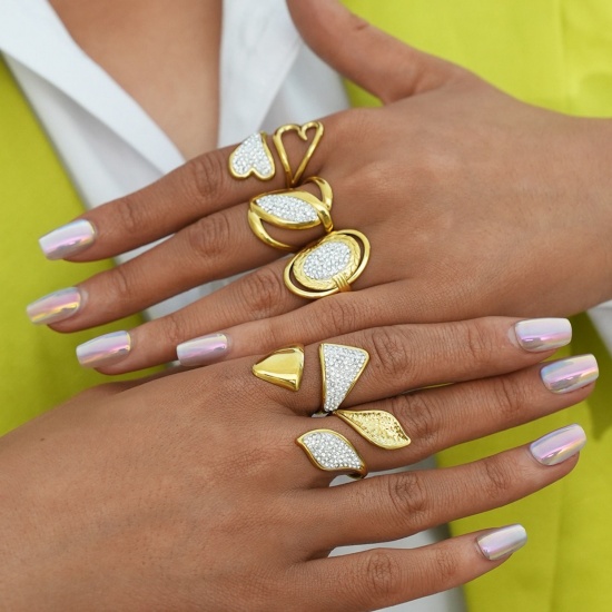 Imagen de Mujeres Regalo Abierto Anillos Al Por Mayor, Chapado en Oro de 18K 304 Acero Inoxidable & Circón Artificial, Recubrimiento al Vacío PVD Ecológico Exquisito Elegante Suministro de Joyería, 1 Unidad