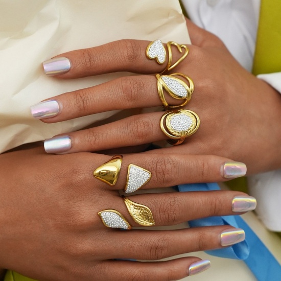 Imagen de Mujeres Regalo Abierto Anillos Al Por Mayor, Chapado en Oro de 18K 304 Acero Inoxidable & Circón Artificial, Recubrimiento al Vacío PVD Ecológico Exquisito Elegante Suministro de Joyería, 1 Unidad