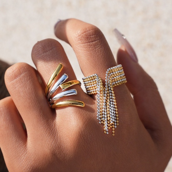 Picture of Wholesale Women's Gift Two Tone Open Rings, Silver Tone & 18K Gold Plated 304 Stainless Steel, Eco-friendly PVD Vacuum Plating Exquisite Stylish Jewelry Supply