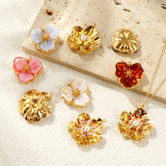 Picture of Eco-friendly PVD Vacuum Plating Waterproof Anti-Tarnish Hypoallergenic 304 Stainless Steel Charms 18K Real Gold Plated Flower
