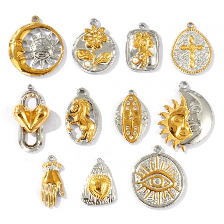 Immagine di 2 Pz Placcatura Sottovuoto PVD Ecologica Impermeabile Anti-Ossidante Ipoallergenico 304 Acciaio Inossidabile Ciondoli 18K Vero Oro Placcato & Tono Argento Doppio Colore
