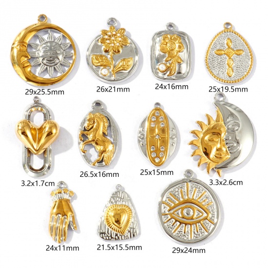 Immagine di 2 Pz Placcatura Sottovuoto PVD Ecologica Impermeabile Anti-Ossidante Ipoallergenico 304 Acciaio Inossidabile Ciondoli 18K Vero Oro Placcato & Tono Argento Doppio Colore