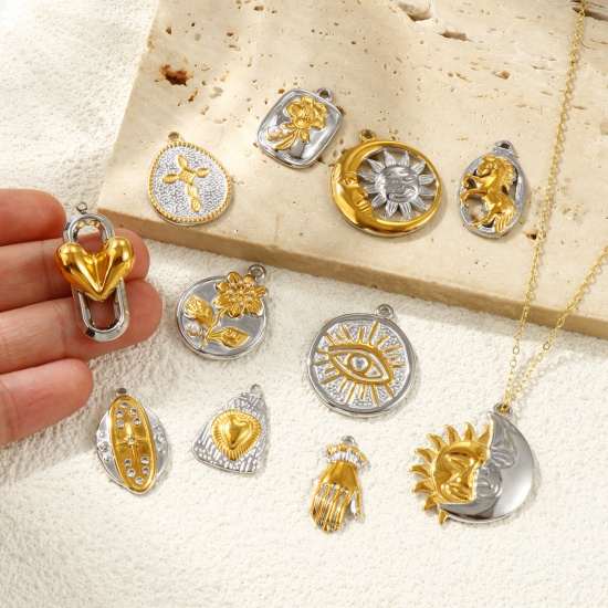 Immagine di 2 Pz Placcatura Sottovuoto PVD Ecologica Impermeabile Anti-Ossidante Ipoallergenico 304 Acciaio Inossidabile Ciondoli 18K Vero Oro Placcato & Tono Argento Doppio Colore
