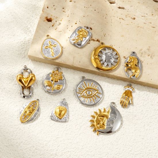 Immagine di 2 Pz Placcatura Sottovuoto PVD Ecologica Impermeabile Anti-Ossidante Ipoallergenico 304 Acciaio Inossidabile Ciondoli 18K Vero Oro Placcato & Tono Argento Doppio Colore