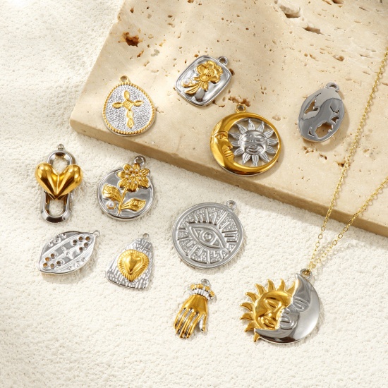 Immagine di 2 Pz Placcatura Sottovuoto PVD Ecologica Impermeabile Anti-Ossidante Ipoallergenico 304 Acciaio Inossidabile Ciondoli 18K Vero Oro Placcato & Tono Argento Doppio Colore