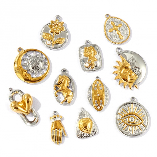 Immagine di 2 Pz Placcatura Sottovuoto PVD Ecologica Impermeabile Anti-Ossidante Ipoallergenico 304 Acciaio Inossidabile Ciondoli 18K Vero Oro Placcato & Tono Argento Doppio Colore