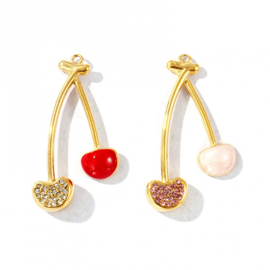 Picture of Eco-friendly PVD Vacuum Plating Waterproof Anti-Tarnish Hypoallergenic 304 Stainless Steel & Rhinestone Pendants 18K Real Gold Plated Enamel Cherry Fruit 3.9cm x 2.2cm