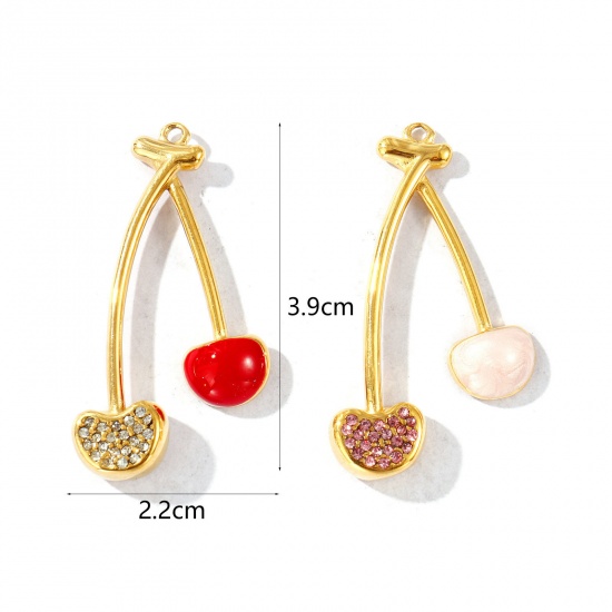 Picture of Eco-friendly PVD Vacuum Plating Waterproof Anti-Tarnish Hypoallergenic 304 Stainless Steel & Rhinestone Pendants 18K Real Gold Plated Enamel Cherry Fruit 3.9cm x 2.2cm
