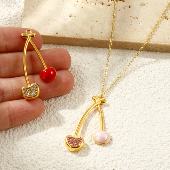 Picture of Eco-friendly PVD Vacuum Plating Waterproof Anti-Tarnish Hypoallergenic 304 Stainless Steel & Rhinestone Pendants 18K Real Gold Plated Enamel Cherry Fruit 3.9cm x 2.2cm