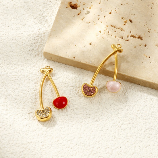 Picture of Eco-friendly PVD Vacuum Plating Waterproof Anti-Tarnish Hypoallergenic 304 Stainless Steel & Rhinestone Pendants 18K Real Gold Plated Enamel Cherry Fruit 3.9cm x 2.2cm