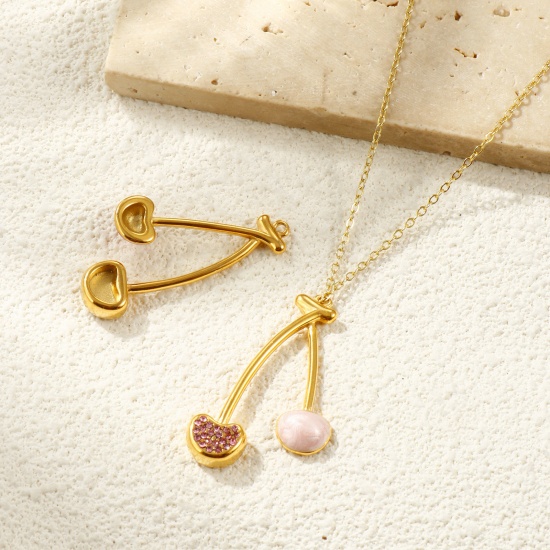 Picture of Eco-friendly PVD Vacuum Plating Waterproof Anti-Tarnish Hypoallergenic 304 Stainless Steel & Rhinestone Pendants 18K Real Gold Plated Enamel Cherry Fruit 3.9cm x 2.2cm