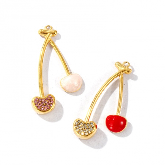 Picture of Eco-friendly PVD Vacuum Plating Waterproof Anti-Tarnish Hypoallergenic 304 Stainless Steel & Rhinestone Pendants 18K Real Gold Plated Enamel Cherry Fruit 3.9cm x 2.2cm