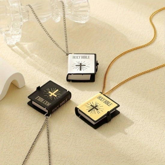 Picture of Wholesale Unique Openable Flip Page Book Holy Bible Paper 3D Pendant Charm Necklace, 304 Stainless Steel Unisex Religious Baroque Gift Jewelry For Retailer, 60cm(23.6") + 5cm(2") long, 1 Piece