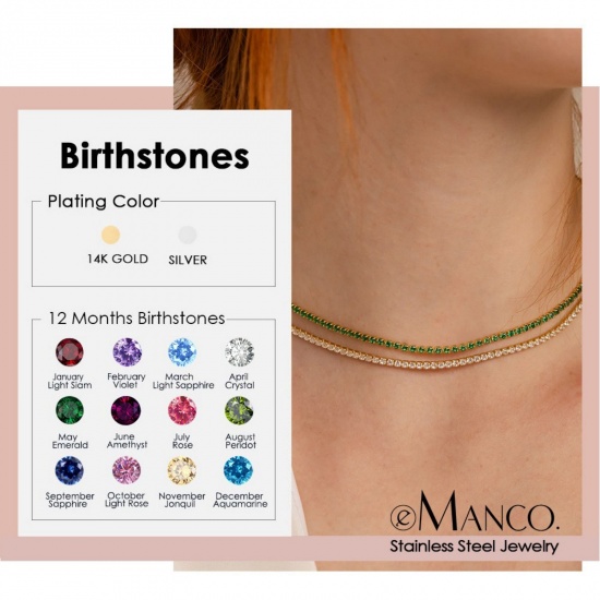Picture of Wholesale Multicolor Rhinestone Birthstone Choker Necklace, Multicolor 304 Stainless Steel Women's Eco-friendly Stylish Minimalist Gift Jewelry For Retailer, 38cm(15") + 5cm(2") long
