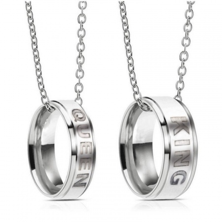 Picture of Wholesale Finger Ring Message " King & Queen " Pendant Charm Necklace, Silver Tone 201 Stainless Steel Women's Eco-friendly Valentine's Day Stylish Gift Jewelry For Retailer