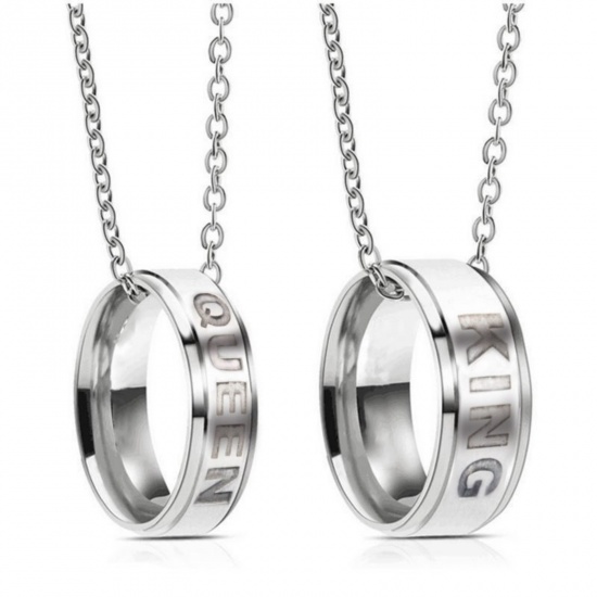 Picture of Wholesale Finger Ring Message " King & Queen " Pendant Charm Necklace, Silver Tone 201 Stainless Steel Women's Eco-friendly Valentine's Day Stylish Gift Jewelry For Retailer