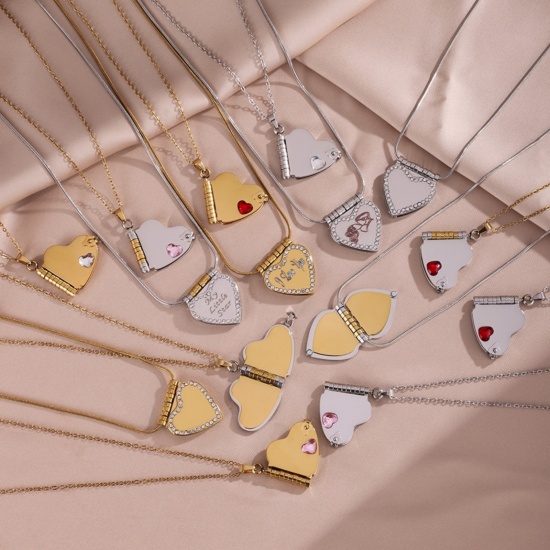 Picture of Wholesale Unique Openable Flip Page Book Heart Customize Engraving Supported Multicolor Rhinestone Pendant Charm Necklace, 304 Stainless Steel Link Cable Chain, Women's Eco-friendly Creative Stylish Valentine's Day Jewelry For Retailer, 1 Piece