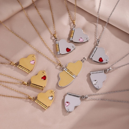 Picture of Wholesale Unique Openable Flip Page Book Heart Customize Engraving Supported Multicolor Rhinestone Pendant Charm Necklace, 304 Stainless Steel Link Cable Chain, Women's Eco-friendly Creative Stylish Valentine's Day Jewelry For Retailer, 1 Piece