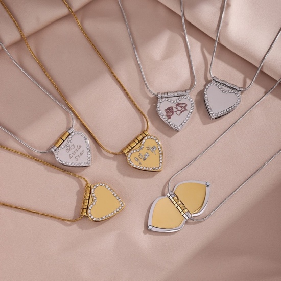 Picture of Wholesale Unique Openable Flip Page Book Heart Customize Engraving Supported Multicolor Rhinestone Pendant Charm Necklace, 304 Stainless Steel Link Cable Chain, Women's Eco-friendly Creative Stylish Valentine's Day Jewelry For Retailer, 1 Piece