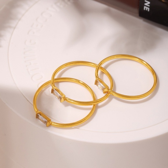 Picture of Wholesale Women's Gift Clear Cubic Zirconia Unadjustable Rings, 18K Gold Plated 304 Stainless Steel, Eco-friendly PVD Vacuum Plating Exquisite Stylish Jewelry Supply