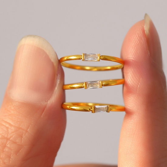Picture of Wholesale Women's Gift Clear Cubic Zirconia Unadjustable Rings, 18K Gold Plated 304 Stainless Steel, Eco-friendly PVD Vacuum Plating Exquisite Stylish Jewelry Supply