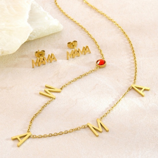 Picture of Wholesale Message " Mama " Necklace & Earrings, 18K Gold Plated 304 Stainless Steel Women's PVD Vacuum Plating Mother's Day Stylish Gift Jewelry For Retailer